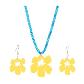 QRH Acrylic Hawaiian Yellow Flower Necklace Earrings Set Colorful Hawaii Hibiscus Necklaces Tropical Acrylic Yellow Hawaiian Flower Earrings Boho Hawaii Luau Beach Party Vacation Summer Jewelry