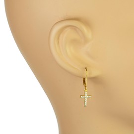 LaTisoro Sterling Silver Cubic Zirconia Cross Leverback Earrings Gold with Rhodium plating 100% Hypoallergenic and Nickel Free