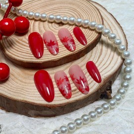 24Pcs Fall Press on Nails Short Almond Fake Nails Red Orange Maple Leaf Artificial Glue on Nail Glossy Full Cover Thanksgiving False Nails Maple Leaves Design Autumn Acrylic Nails for Women DIY