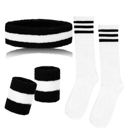 Sucrain 5 Pieces Striped Sweatbands and Socks Set, Sports Sweatbands Wrist Sweat Bands Black High Tube Socks 80s Accessories Costumes for Men Women (Black+White)