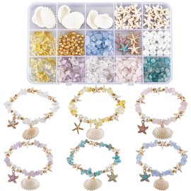SUNNYCLUE 1 Box DIY 6 Sets Stone Bracelet Making Kit Clam Shell Beads Ocean Beach Light Gold Enamel Starfish Sea Shell Natural Stone Chip Spacer Bead Charms For Jewellery Making Kits Women Beginner