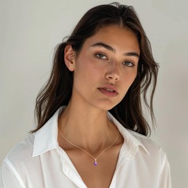 14K Gold Amethyst Necklace for Women - February Birthstone Pendant - Solid Gold Teardrop Pendant WITH Sterling Silver Chain - Elegant Wedding Jewelry - Amethyst Gift for Her