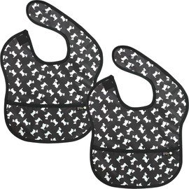 Plie 2 Pack Waterproof Baby Bibs with Food Catcher – Soft Feeding Bibs Set for Toddlers and Infants, BPA-Free, Easy to Clean, Adjustable Velcro Neck (6–24 Months) - Black/Puppy