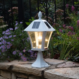 Gama Sonic Solar Outdoor Light Post, Baytown Bulb, White Cast Aluminum, 1-Light with 3 Mounting Options, 3-inch Fitter for Lamp Posts, Flat Mount for Column Lights and Wall Sconce Mount (106B50233)