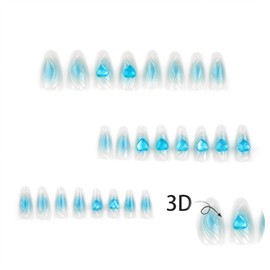Vopintpy 3D Blue Heart Press on Nails Long Almond Fake Nails with Design Wavy Stripe Glue on Nails Reusable Full Cover Stick on Nails for Women DIY Charm Manicure