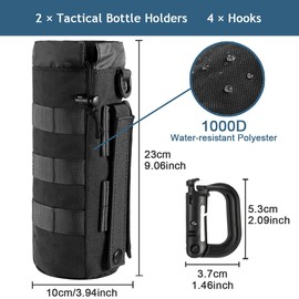 MUCHER 2 Pack Tactical Bottle Holder Molle Bottle Holder Durable Military Water Bottle Bag with 4 Hooks Water Bottle Holder for Outdoor Hiking Hunting Camping Training, black, Additional pocket