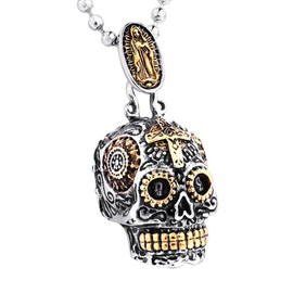 INRENG Stainless Steel Sugar Skull Pendant Necklace Gothic Skeleton Pendants for Men with 24inch Chain, Silver Gold