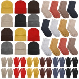 Hillban Winter Beanie Hat Gloves Set with Warm Socks Bulk, Homeless Knitted Beanie Cap Thick Thermal Winter Gloves Socks Pack(Warm Colors,36 Pcs)