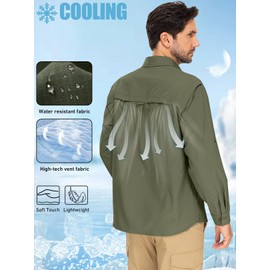 linlon Mens Safari Shirts Long Sleeve UV Protection Hiking Fishing UPF 50+ Quick Dry Cooling Camping Travel Shirts#5066-Army Green-L
