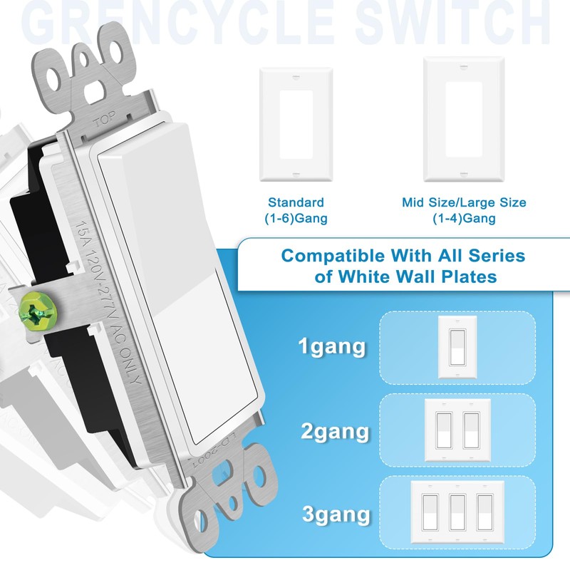 Greencycle Single Pole Rocker Light Switch,Paddle Light Switch 15 Amp,Sp