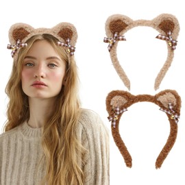 CURASA 2PCS Bear Ears Headband for Women Girls Brown Animal Ears Headband Cute Head Bands for Women's Hair Non Slip Skincare Headband for Washing Face Plush Hairbands for Theme Party Cosplay Gift
