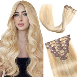 Clip in Hair Extensions Real Human Hair, Seamless Balayage Human hair Clip ins Extensions for Women Invisible Straight 8Pcs Double Weft Dark Blonde Highlight Bleach Blonde 24inch 120g