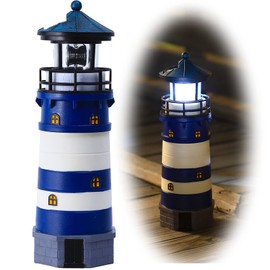 HSHD Solar Lighthouse Ornament - 30cm Tall Solar Lighthouse with Rotating Beacon, 360 Degree Rotating Lighthouse Decoration, Best Lighthouse Gifts for Children(Round Blue)