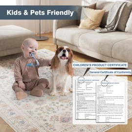 4x6 Washable Area Rug, Low Pile Faux Wool Carpet for Living Room, Bedroom, Dining Room, Vintage Flower Design, Non-Shedding Low-Pile Rug in Beige for High-Traffic Areas with Non-Slip Rubber Back