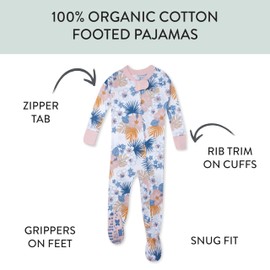 HonestBaby Non-Slip Footed Pajamas One-Piece Sleeper Zip-Front Pjs 100% Organic Cotton for Baby Girls, Maui Floral, 12 Months