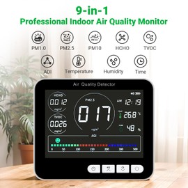 14 in 1 Air Quality Monitor Indoor with Beep Alarm, 6 AQI Air Quality Detector with PM1.0|PM2.5|PM10|HCHO|TVOC|AQI|Temperature|Humidity|Time for Home, Hotel, Office, Car, Battery Powered Air Monitor