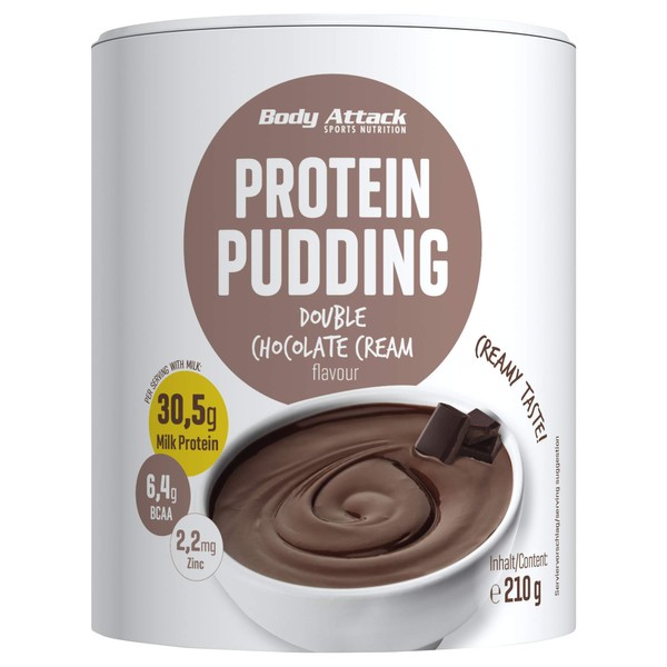 Body Attack Protein Pudding senza cottura, Cioccolato, 210g, con 32% di proteine, a basso contenuto calorico, cremoso e a basso contenuto di grassi; 6,7g di BCAA- prodotto in Germania