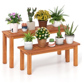 Tangkula Wooden Plant Stand Set of 2, Outdoor Indoor Solid Wood Flower Pot Holder Display Shelf w/ Teak Oil Finish, Slatted Top, Rustic Plant Rack for Patio Garden Entryway Front Porch