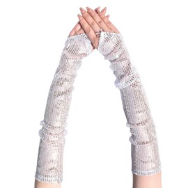 Mrotrida Women's Reflective Sequins Gloves Cosplay Party 50cm Long Hook Finger Gloves Vintage Sequins Fingerless Glove (Silver, One Size)