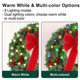 24" Prelit Christmas Wreath for Front Door Christmas Decorations, Christmas Door Wreath with 50 Lights, Timer and Remote, Pre-Decorated Pinecone and Berries, Bow & Wreath Hanger Included