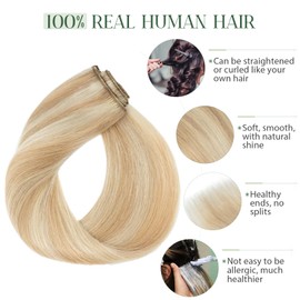TESS Human Hair Extensions Clip in Real Hair Highlight Remy 5 Pieces Straight Natural Hairpieces for Women/Girls (#18P613 Ash Blonde & Bleach Blonde, 16 Inch 60g)