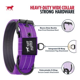 Tuff Pupper Heavy Duty Tactical Dog Collar | 1.25" Wide Ballistic Nylon | Reflective Stitching | Integrated ID Tag Holder | Stainless Steel Buckle | Padded Lining | Small & Medium Dogs (Purple, Small)