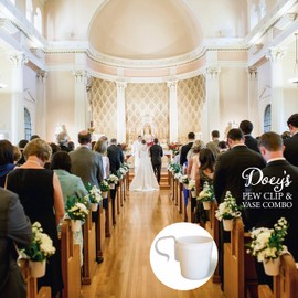 DOEYS Church Pew Clip & Flower Vase for Wedding Ceremony Aisle (6-Pack) Secure Fresh and Silk Floral Arrangements to Pew End, Bench, Chair in Water Tight Plastic Pot - Reuse at Reception (MADE in USA)