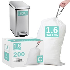1.6 Gallon Code C 200 Count Heavy Duty Trash Bags Perfect Fit 10-12 Liter with Reinforced Drawstring Compatible with simpleman Code C White Garbage Liners Leak-Proof & Tear Resistant