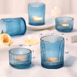NITIME 10pcs Ribbed Blue Votive Candle Holders, Assorted Tea Light Candle Holder Glass, Blue Candle Holders for Table Centerpiece, Wedding Table Settings and Party Decorations