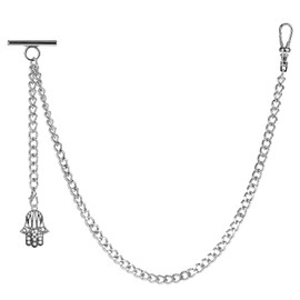 ZTA Men's Albert Chain Pocket Watch Chain Vest Chain for Men FOB T Bar with Hamsa Hand of Fatima Pendant FOB Charm, silver