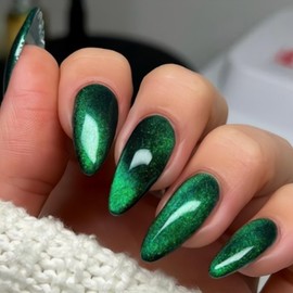Green Cat Eye Press on Nails Almond Medium Fake Nails Glossy Chrome Glitter Acrylic False Nails Press ons Designs Gradient Gel Glue on Artificial Nails for Women Manicure 24Pcs