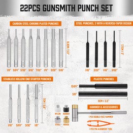 HORUSDY 22-Piece Durable Gunsmith Punch and Hammer Set, Steel Roll Pin Punch Set, Punch Tool Kit with Replaceable Face Hammer for Maintenance, with Organizer Storage Box