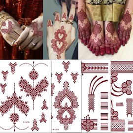 mdgfge Brown Temporary Tattoo Stickers Indian Lace Fake Flower Brown Red Waterproof Tattoos for Women Wedding Holiday Party Face Body Decoration Supplies (6 Sheets)