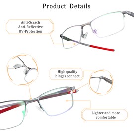 LifeArt Blue Light Blocking Glasses, Anti Eyestrain, Computer Reading Glasses, Gaming Glasses, TV Glasses for Women Men, Stylish Unisex Alloy Square Frame (Silver Red, 0.25 Magnification)