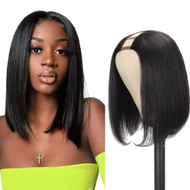 Bob Wig Human Hair U Part Straight Human Hair Wigs For Women No Lace Ready To Go Glueless Wig Human Hair 180% Density 10 Inch