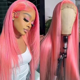 Pink Lace Front Wigs Human Hair Straight 13x4 HD Transparent Hot Pink Lace Frontal Wig 24 Inch Wear and Go Glueless Pink Wigs Human Hair Pre Plucked with Baby Hair Colored Wigs For Black Women