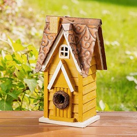 Glitzhome GH90085 Hanging Distressed Wooden Garden Cottage Birdhouse, Yellow