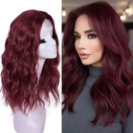 CURLCRAZY Short Wavy Wigs for Women Bob Wave Wig Natural Looking Synthetic Middle Part Lace Front Hair for Everyday Hairstyle 18Inch (Wine Red)