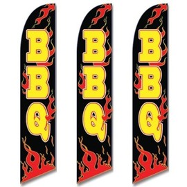 Three (3) Pack Full Sleeve Swooper Flags BBQ Black w Yellow Text & Red Flames by EHT Flags