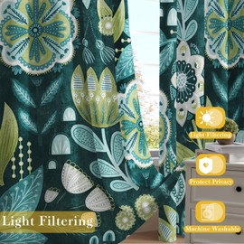 MitoVilla Boho Floral Blackout Curtains for Bedroom Windows, Plant Leaves Print Curtains for Living Room, Dark Green Bohemian Dining Room Curtain Draperies 2 Panel Sets, 52" X 63"