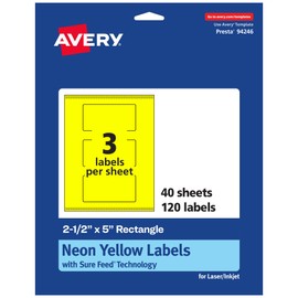 Avery Printable Rectangle Labels, Sure Feed Technology, 2-1/2" x 5", Neon Yellow Labels, Print-to-The-Edge, Laser/Inkjet Printable, 120 Total, Great for Candles and Ingredients
