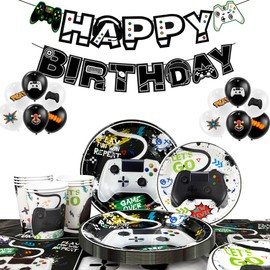 Generisch Video Game Party Accessories - Birthday Party Decoration & Tableware Set - Napkins, Plates, Cups, Balloons, Banner, Tablecloth