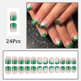 24 Pcs Green French Tip Press on Nails Square Short Fake Nails St. Patrick's Day False Nails with Glitter Design Green Shamrock Nails Spring Holiday Glue on Nails Reusable Stick on Nails for Women