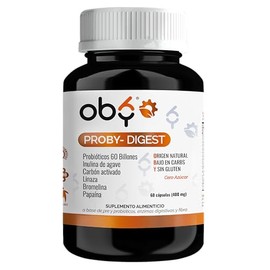 OBY Probioticos 60 Billones, Prebiticos, Inulina de Agave, Enzimas digestivas Bromelina y Papaina, Fibra Linaza y Carbn Activado Vegetal de Coco....  