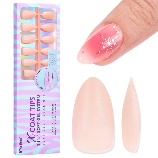 BTArtbox Almond Nail Tips Short Soft Gel Nails Tips Almond Full Cover Nail Tips for Gel Nails, 150 Pieces 2 in 1 X-Coat Tips Short Artificial Fingernails for Nail Extensions, 15 Sizes