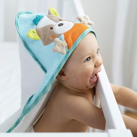 Fehn 071283 Kapuzenbadetuch Sleeping Forest – Bade-Poncho aus Baumwolle mit süßem Fuchs für Babys und Kleinkinder ab 0+ Monaten – Maße: 80 x 80 cm
