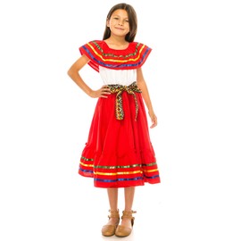 unik Girl's Fancy Traditional Mexican Cinco De Mayo Birthday Fiesta Dress with Belt Size 4-14 Red