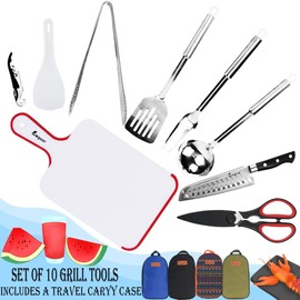 yoyomax 10pcs Camping Cookware Camp Kitchen Utensil BBQ Organizer Travel Mess Kit with Water Resistant Case, Cutting Board, Rice Paddle, Tongs, Scissors, Knife, Spork