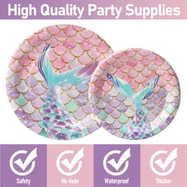 UVTQSSP 96Pcs Party Plates, Mermaid Theme Birthday Plates and Napkins Party Supplies, Mermaid Disposable Tableware Sets for Birthday Baby Shower, Serve for 24 Guests, Pink and Purple