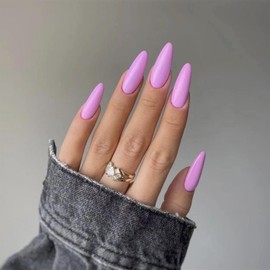 Press on Nails Medium Almond Press on Nail Purple Fake Nails Glossy Acrylic False Nails Full Cover Glue on Nails Solid Color Designs Stick on Nails for Women 24Pcs